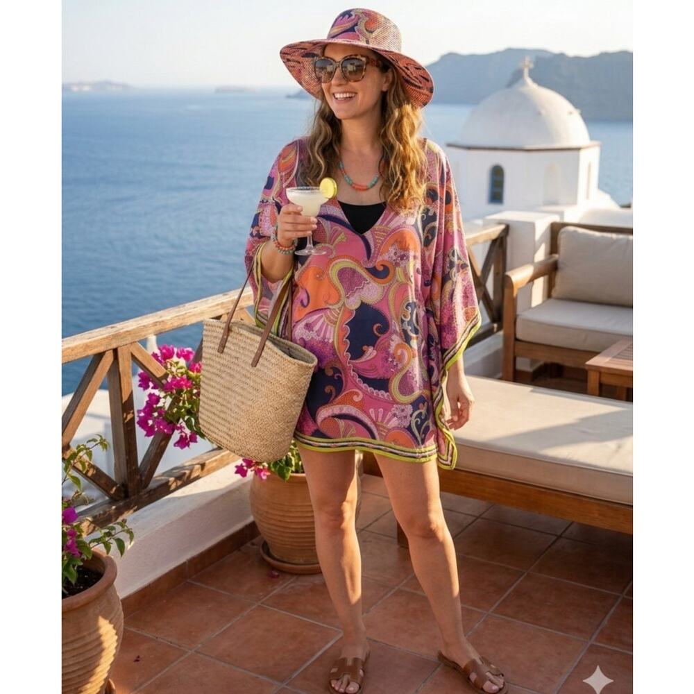 Trina Turk French Riviera Tunic Cover Up Pink Paisley Resort Swim Kaftan L Mod